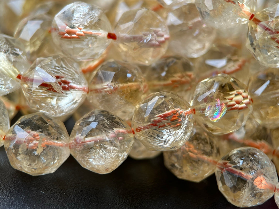 15.5" 8mm/10mm Natural Citrine round star faceted beads, yellow quartz