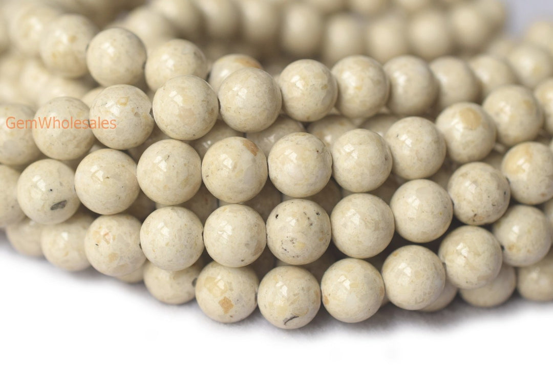 15.5" 8mm Natural fossil round beads, beige white color gemstone beads