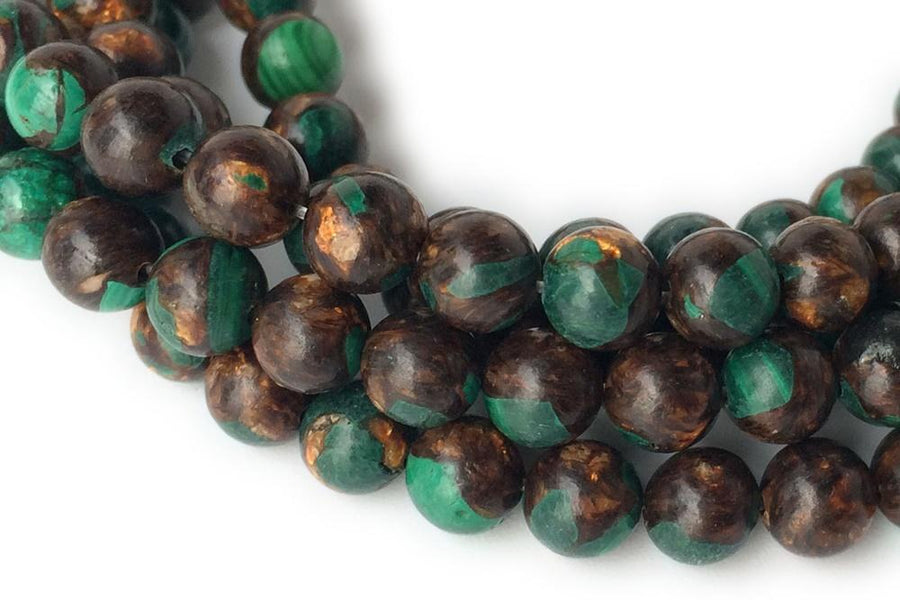 15.5" Malachite & Gold copper bornite round beads 6mm/8mm