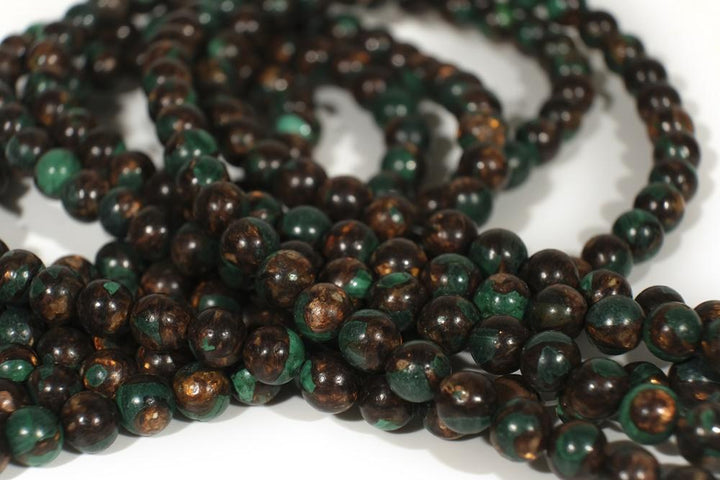 15.5" Malachite & Gold copper bornite round beads 6mm/8mm