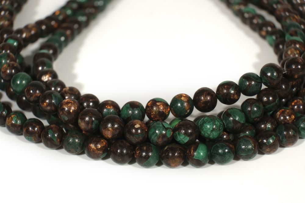 15.5" Malachite & Gold copper bornite round beads 6mm/8mm