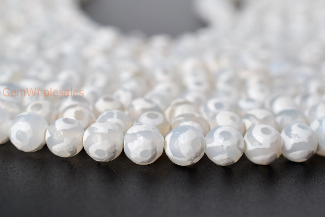 14.5" White tibetan Dzi agate 8mm/10mm/12mm/14mm round faceted beads, eye