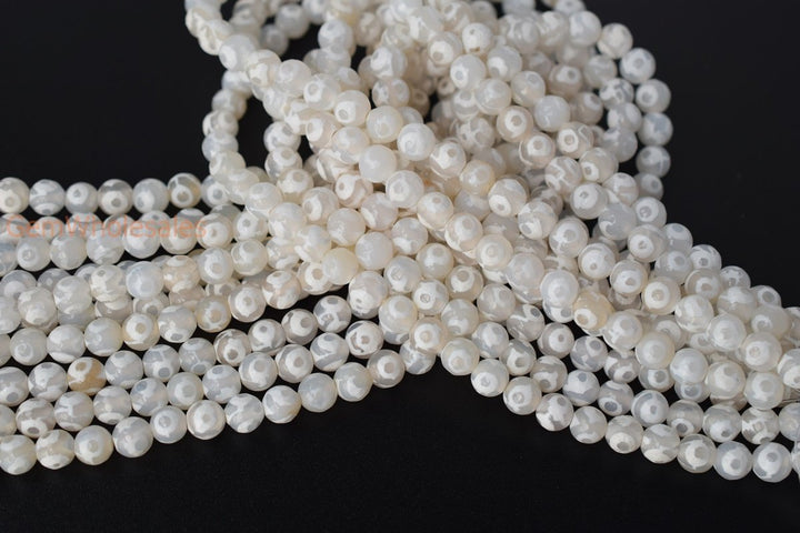 14.5" White tibetan Dzi agate 8mm/10mm/12mm/14mm round faceted beads, eye