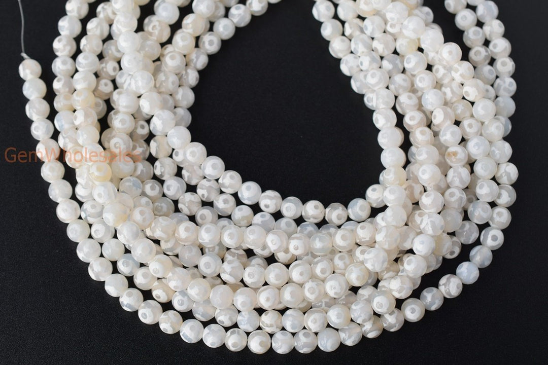 14.5" White tibetan Dzi agate 8mm/10mm/12mm/14mm round faceted beads, eye