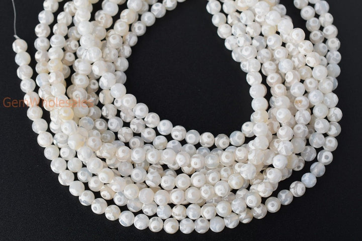 14.5" White tibetan Dzi agate 8mm/10mm/12mm/14mm round faceted beads, eye