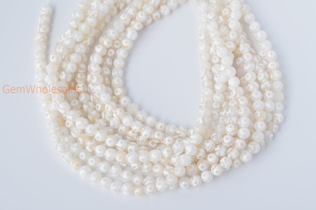 14.5" White tibetan Dzi agate 8mm/10mm/12mm/14mm round faceted beads, eye