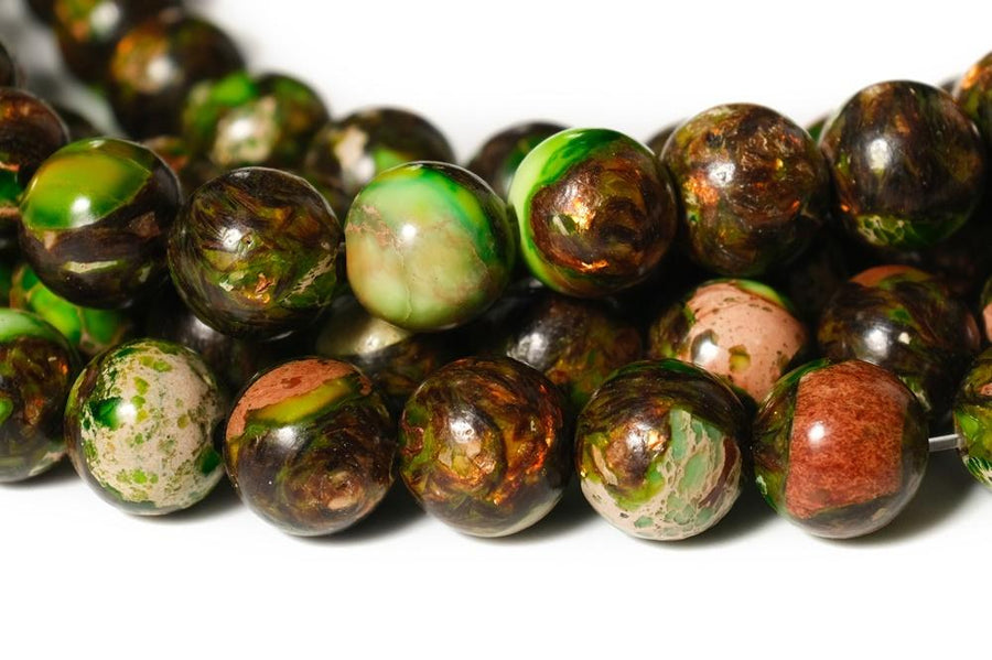15.5" 6mm/8mm Yellow green Impression Jasper & Gold copper bornite round beads,Sea Sediment,Aqua Terra Jasper