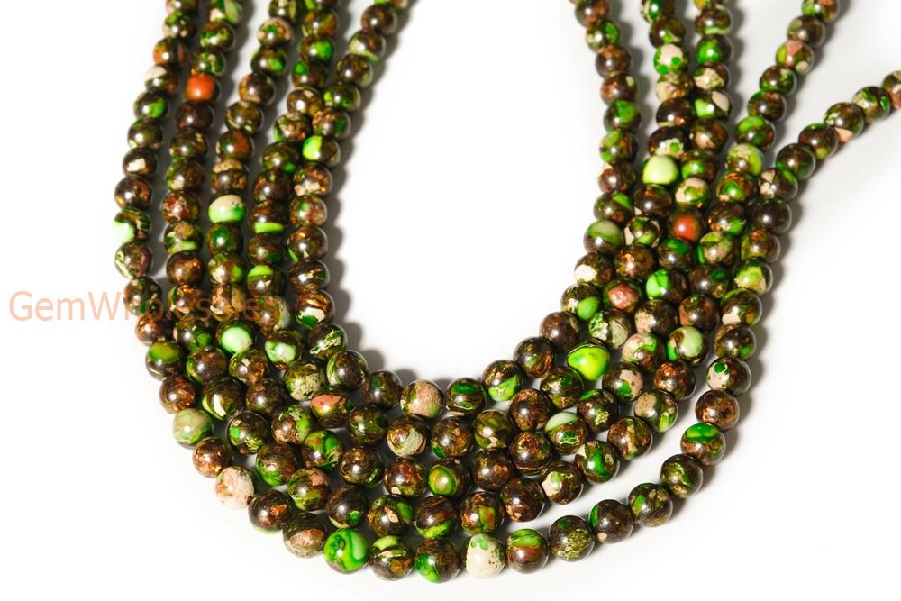 15.5" 6mm/8mm Yellow green Impression Jasper & Gold copper bornite round beads,Sea Sediment,Aqua Terra Jasper