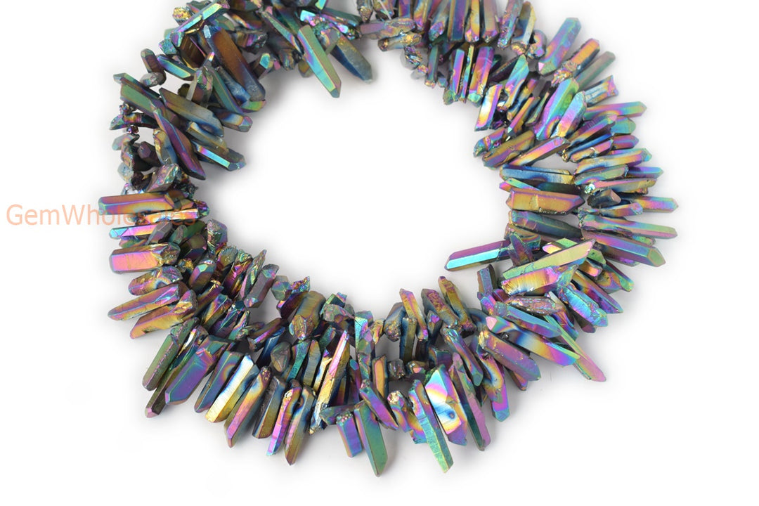 15.5" 4~7mmx~15~40mm Natural Rough Quartz Crystal Spike Beads Rainbow color,coated aura color, nugget