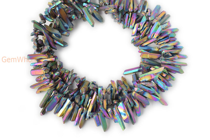 15.5" 4~7mmx~15~40mm Natural Rough Quartz Crystal Spike Beads Rainbow color,coated aura color, nugget
