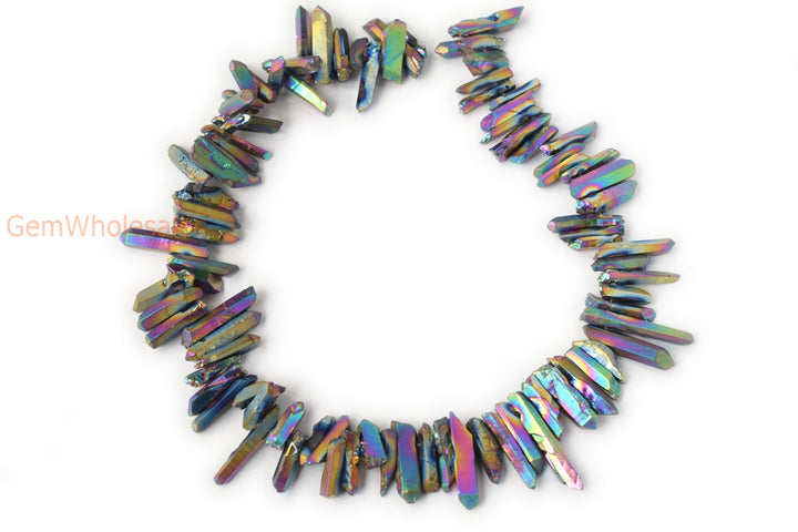 15.5" 4~7mmx~15~40mm Natural Rough Quartz Crystal Spike Beads Rainbow color,coated aura color, nugget
