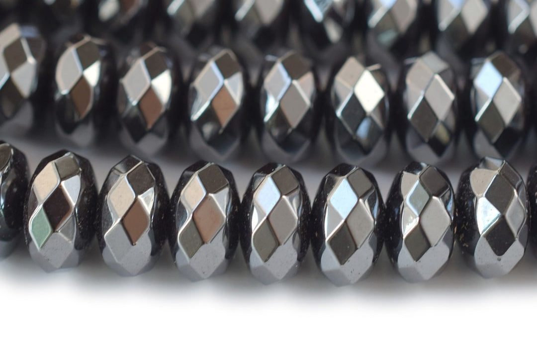 15.5" Natural hematite stone 6x10mm roundel faceted beads, Noir Black