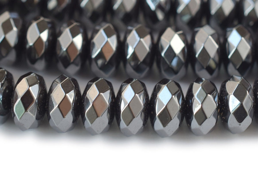 15.5" Natural hematite stone 6x10mm roundel faceted beads, Noir Black