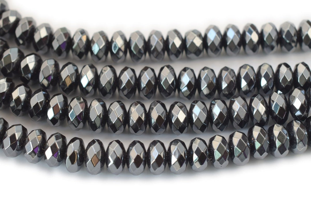 15.5" Natural hematite stone 6x10mm roundel faceted beads, Noir Black