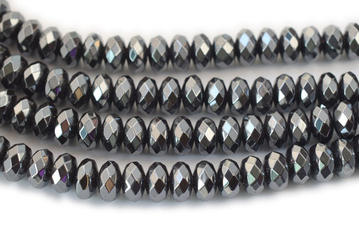 15.5" Natural hematite stone 6x10mm roundel faceted beads, Noir Black