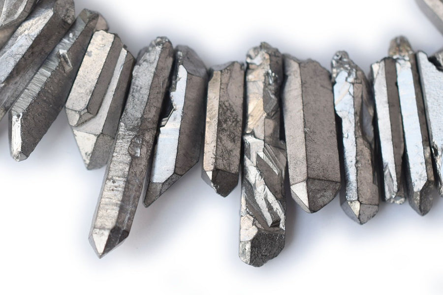 15.5" 4~7mmx~15~40mm Natural Rough Quartz Crystal Spike Beads silver color, nugget