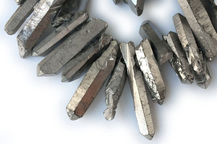 15.5" 4~7mmx~15~40mm Natural Rough Quartz Crystal Spike Beads silver color, nugget