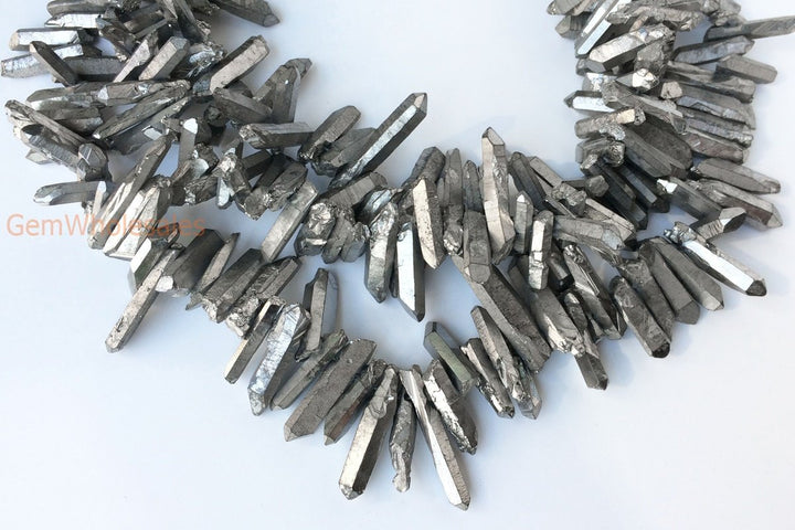 15.5" 4~7mmx~15~40mm Natural Rough Quartz Crystal Spike Beads silver color, nugget