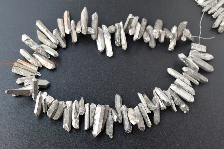 15.5" 4~7mmx~15~40mm Natural Rough Quartz Crystal Spike Beads silver color, nugget