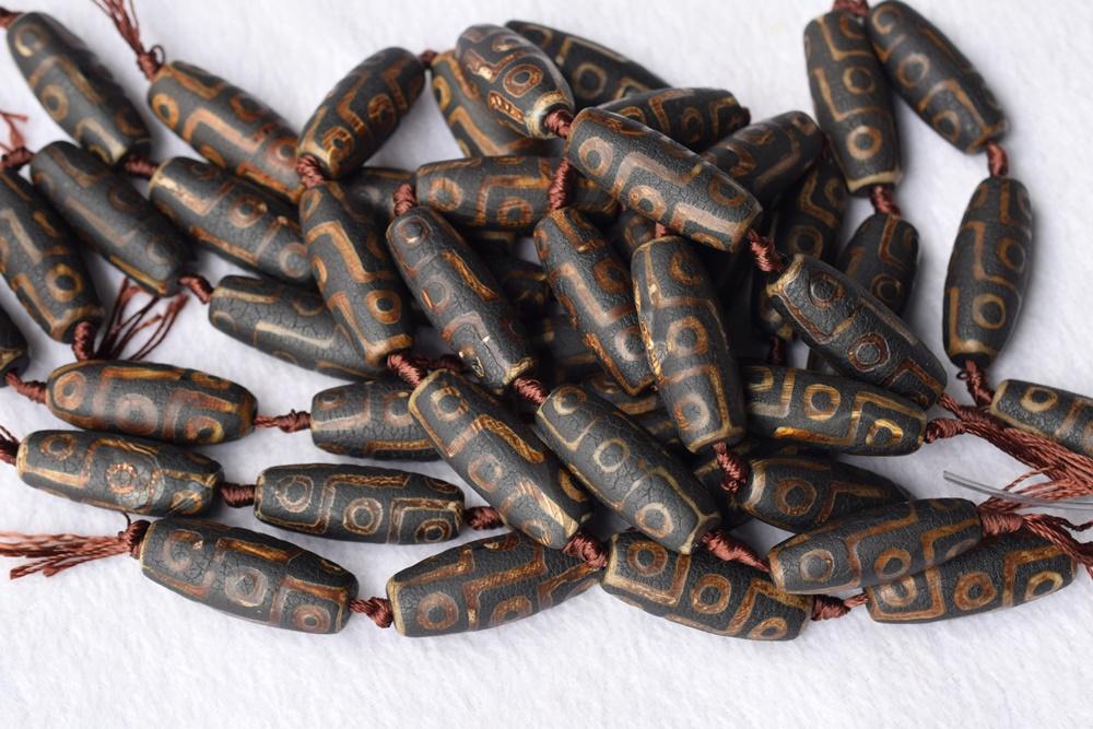 14" Matte antique brown tibetan Dzi agate 13~14x40mm barrel/drum/oliver beads