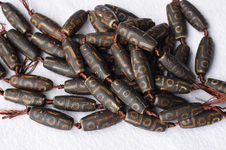14" Matte antique brown tibetan Dzi agate 13~14x40mm barrel/drum/oliver beads