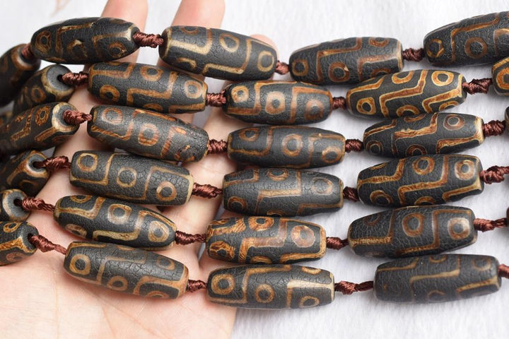 14" Matte antique brown tibetan Dzi agate 13~14x40mm barrel/drum/oliver beads