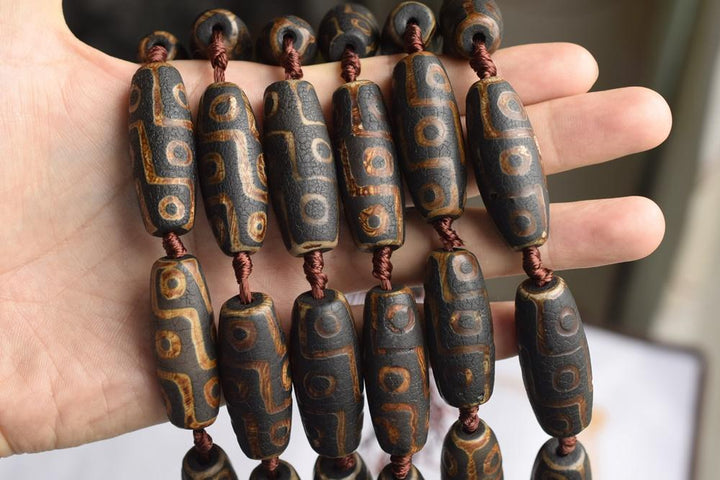 14" Matte antique brown tibetan Dzi agate 13~14x40mm barrel/drum/oliver beads