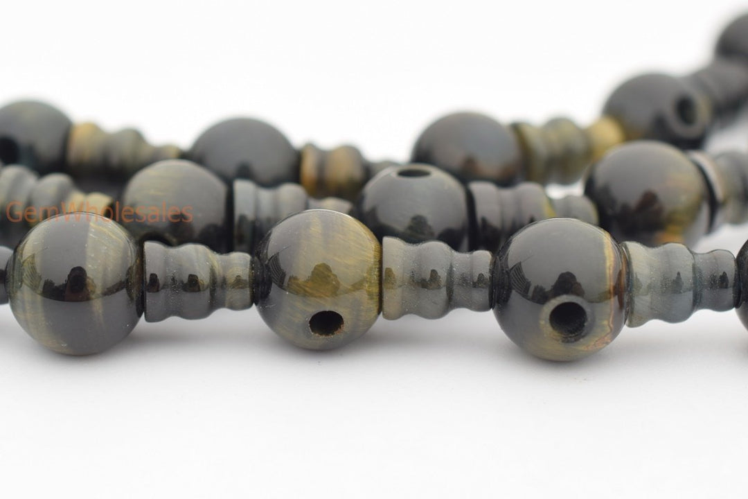 5 SETS 10mm Blue tiger eye T hole beads set, Guru Mala Cones Beads