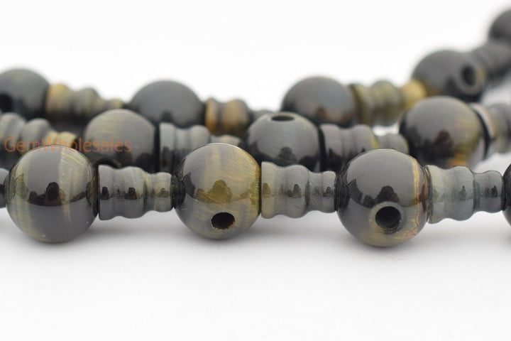 5 SETS 10mm Blue tiger eye T hole beads set, Guru Mala Cones Beads