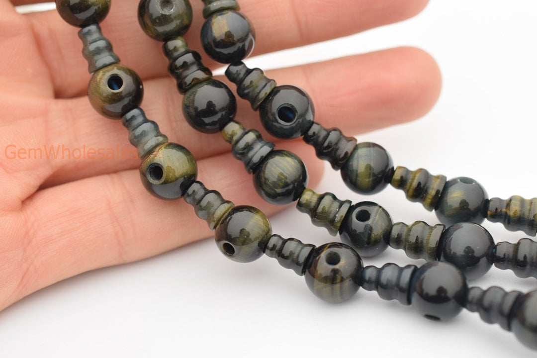 5 SETS 10mm Blue tiger eye T hole beads set, Guru Mala Cones Beads