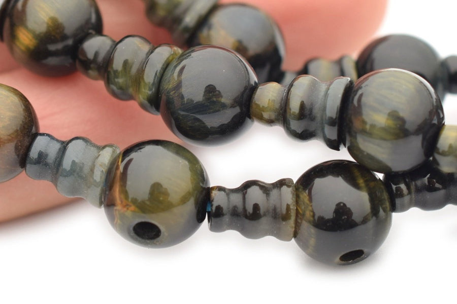 5 SETS 10mm Blue tiger eye T hole beads set, Guru Mala Cones Beads