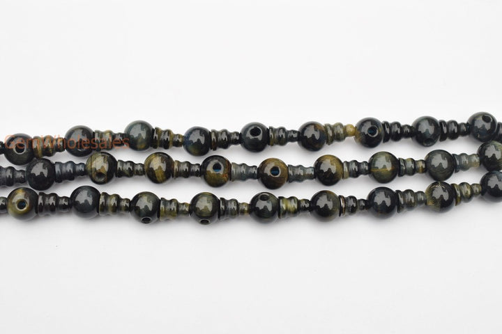 5 SETS 10mm Blue tiger eye T hole beads set, Guru Mala Cones Beads