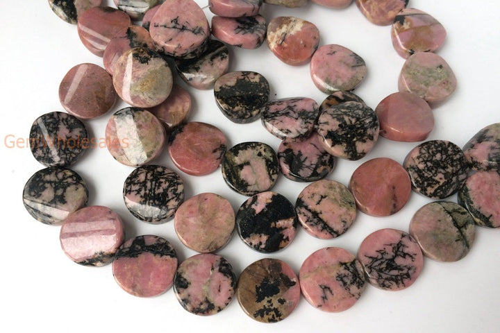 15.5" 16mm natural rhodonite twisted coin, rhodonite wave coin, semi precious stone