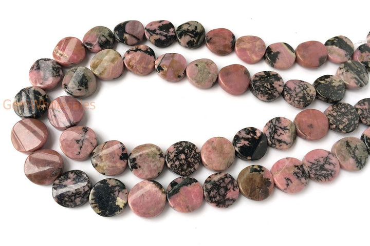 15.5" 16mm natural rhodonite twisted coin, rhodonite wave coin, semi precious stone