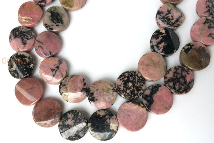 15.5" 16mm natural rhodonite twisted coin, rhodonite wave coin, semi precious stone