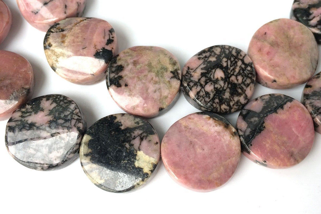 15.5" 16mm natural rhodonite twisted coin, rhodonite wave coin, semi precious stone