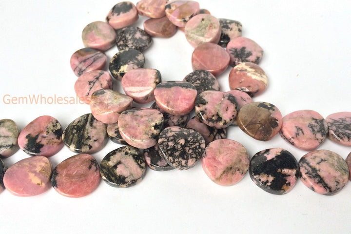 15.5" 16mm natural rhodonite twisted coin, rhodonite wave coin, semi precious stone