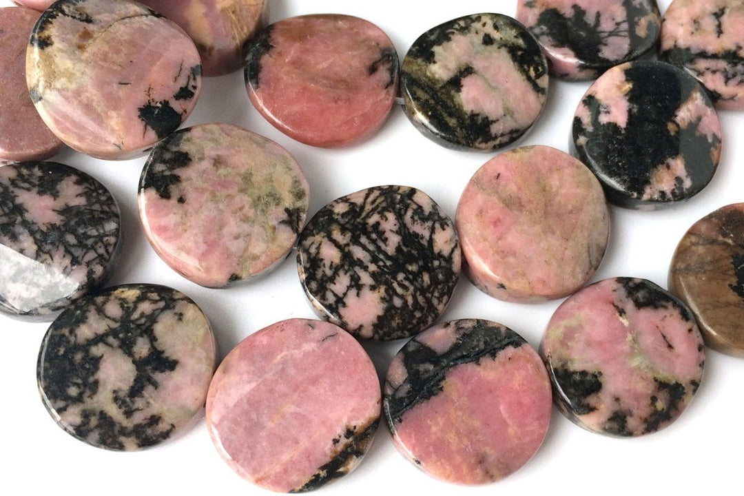 15.5" 16mm natural rhodonite twisted coin, rhodonite wave coin, semi precious stone