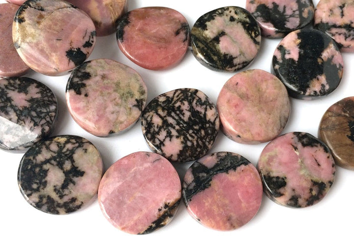 15.5" 16mm natural rhodonite twisted coin, rhodonite wave coin, semi precious stone