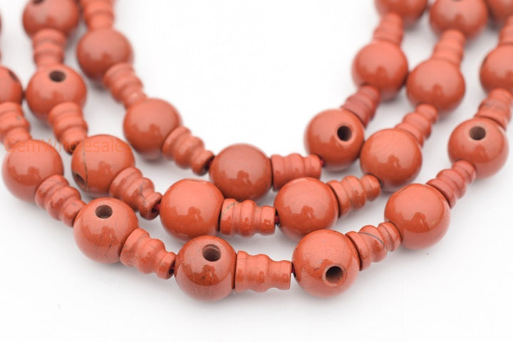 5 SETS 10mm Natural Red jasper T hole beads set, Guru Mala Cones Beads