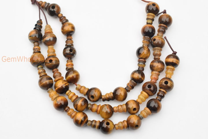 5 SETS 10mm Natural Yellow tiger eye T hole beads set, Guru Mala Cones Beads