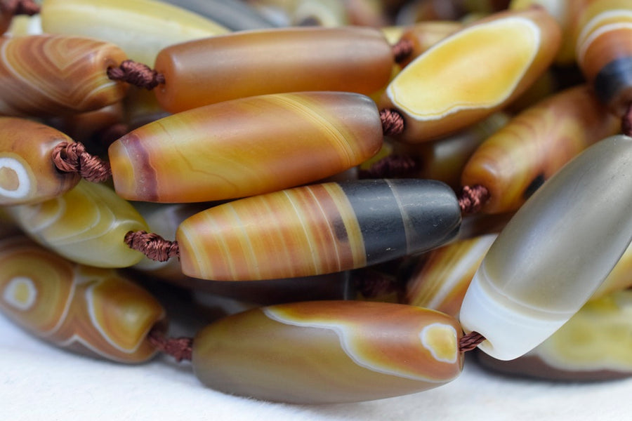 8PCS 14x40mm matte/frosted brown stripe Agate rice Gemstone beads