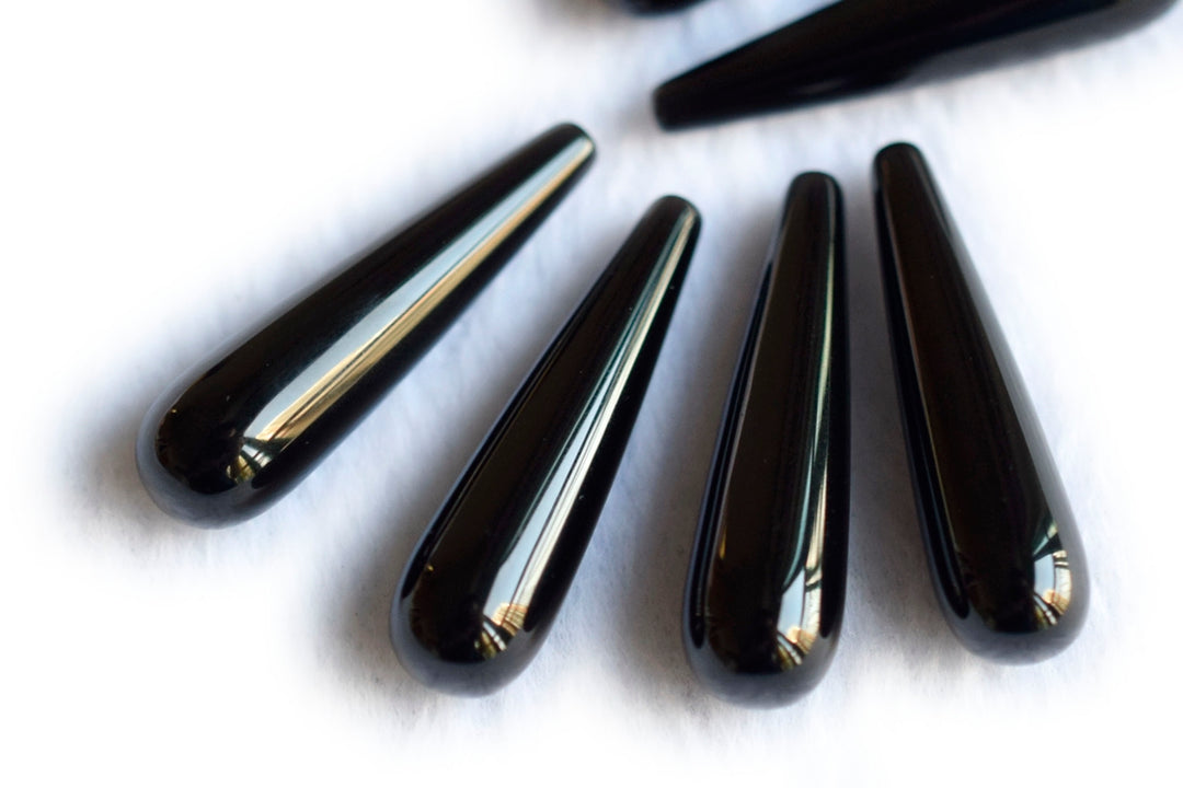 1 Pair 8x30mm black agate/onyx long teardrop beads, half hole