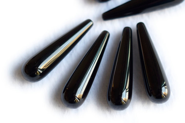 1 Pair 8x30mm black agate/onyx long teardrop beads, half hole