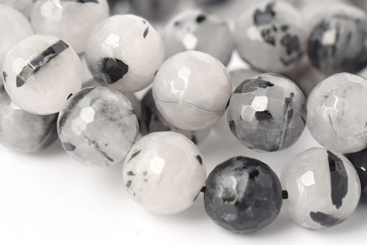 15.5" Natural black rutilated quartz 8mm round faceted beads