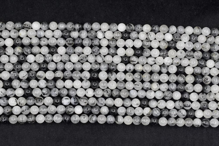 15.5" Natural 8mm black rutilated quartz round crystal beads