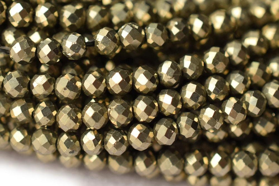 15.25" Natural Pyrite 2mm round faceted dark gold color stone beads