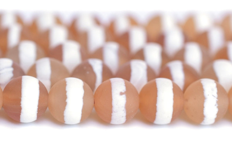 14.5" 8mm Matte Red white tibetan Dzi agate beads, white line on center