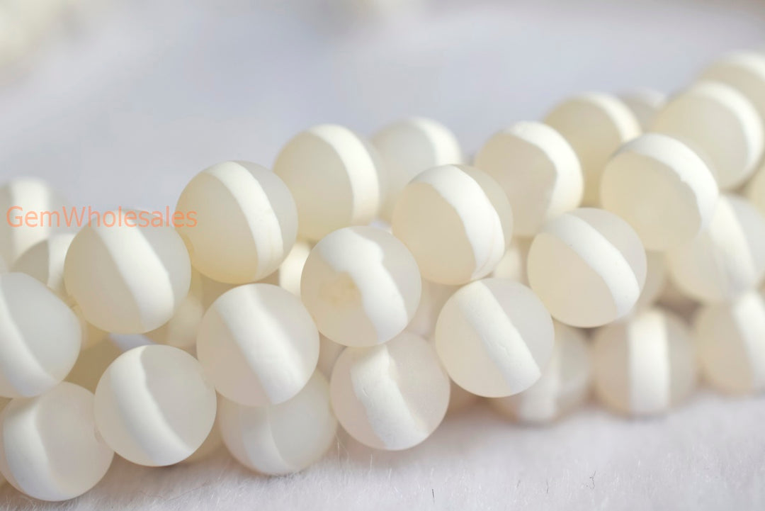 14.5" 8mm Matte white tibetan Dzi agate round jewelry beads, white line