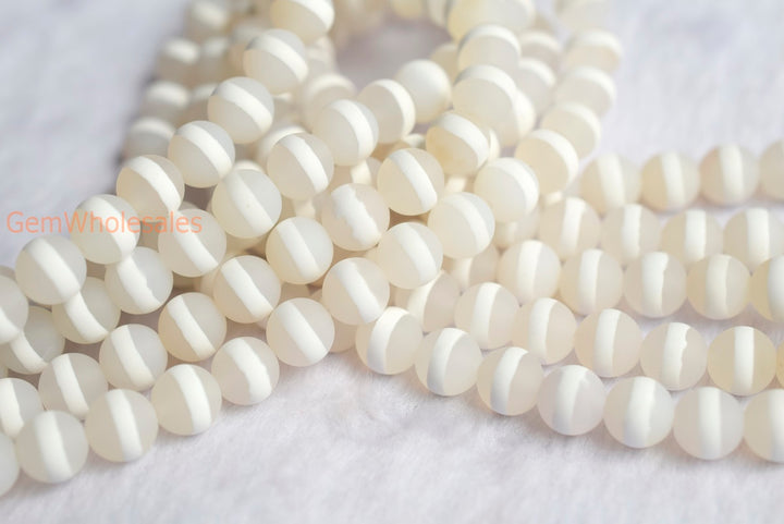14.5" 8mm Matte white tibetan Dzi agate round jewelry beads, white line